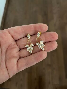 Gold Leaf Drop Earrings with White Crystals - Elegant Statement